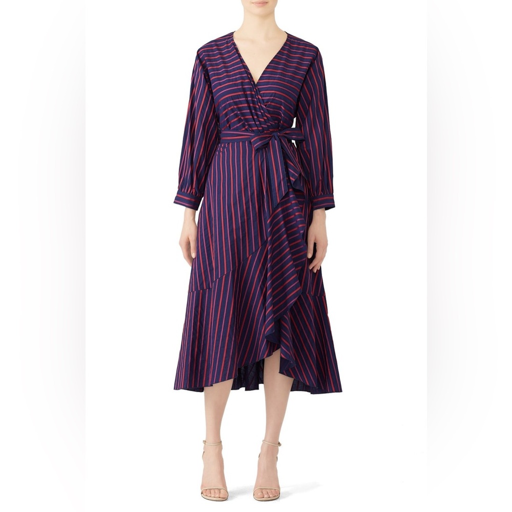 Tara Jarmon Navy & Red Striped Wrap Midi Dress‎ Long Sleeve Size 40